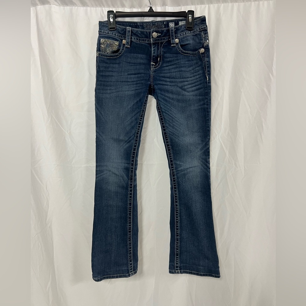 Miss me mid rise boot cut jeans flap pockets medium wash studded size 27